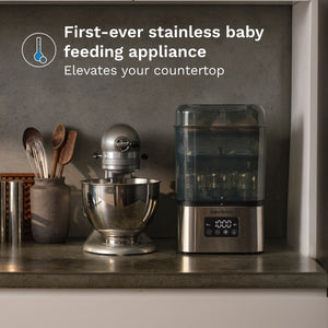 #variant_stainless-steel first ever stainless steel baby feeding appliance to elevate your kitchen countertop super quick 10 minute baby bottle sterilizer dryer
