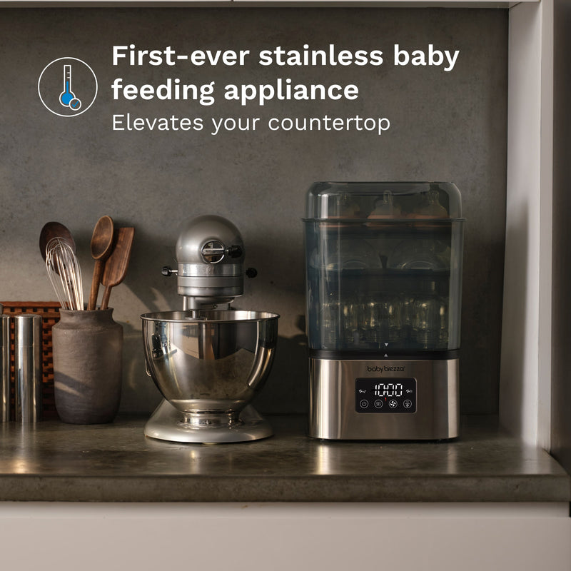 #variant_stainless-steel first ever stainless steel baby feeding appliance to elevate your kitchen countertop super quick 10 minute baby bottle sterilizer dryer