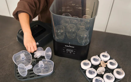 Holds 8 bottles (narrow or wide neck), 2 full pump part sets (including wearables), and accessories from any brand