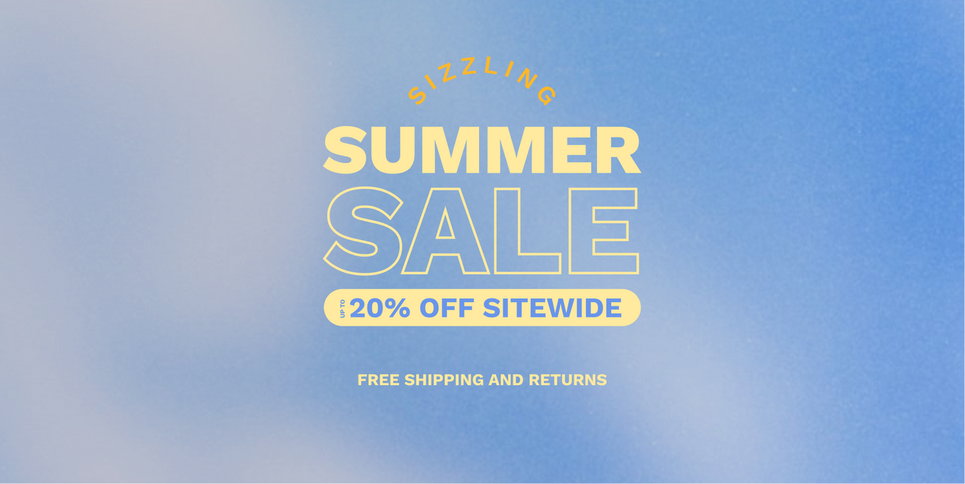 A promotional Baby Brezza sale graphic on a light blue gradient background with yellow text reading 'SIZZLING SUMMER SALE', 'UP TO 20% OFF SITEWIDE', and 'FREE SHIPPING AND RETURNS'.