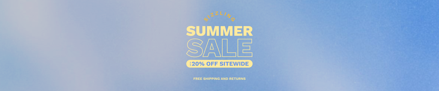A promotional Baby Brezza sale graphic on a light blue gradient background with yellow text reading 'SIZZLING SUMMER SALE', 'UP TO 20% OFF SITEWIDE', and 'FREE SHIPPING AND RETURNS'.