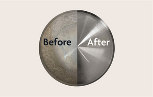 A circular before-and-after comparison graphic on a light beige background. The left half is labeled 'Before' and shows a mottled, dull gray metallic surface.