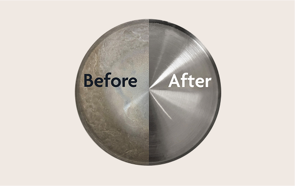 A circular before-and-after comparison graphic on a light beige background. The left half is labeled 'Before' and shows a mottled, dull gray metallic surface.