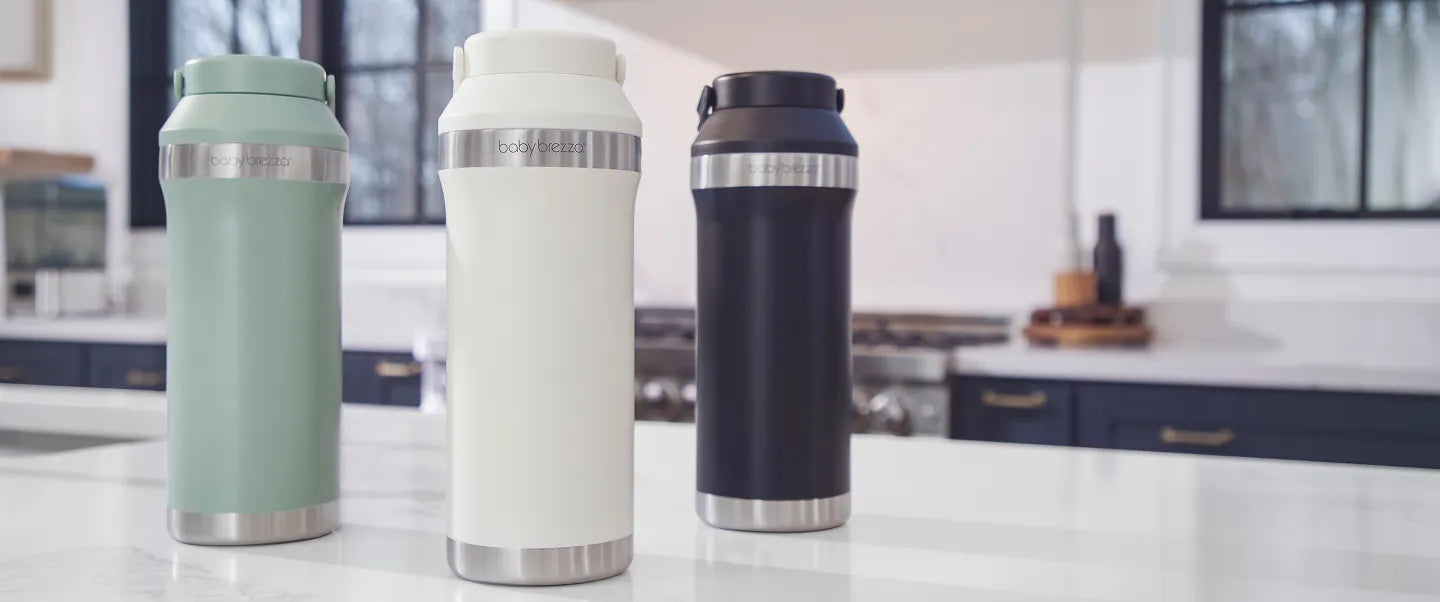 Baby Brezza insulated breastmilk cooler displayed on a kitchen counter for breastfeeding essentials