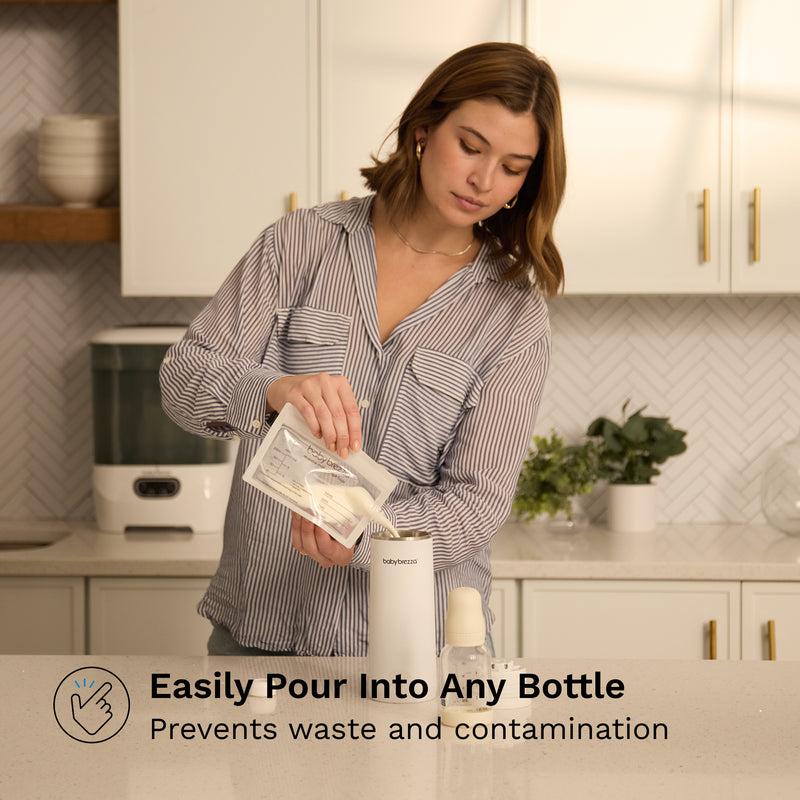 Pouring milk into bottle, Woman using milk dispenser, Kitchen milk pouring scene