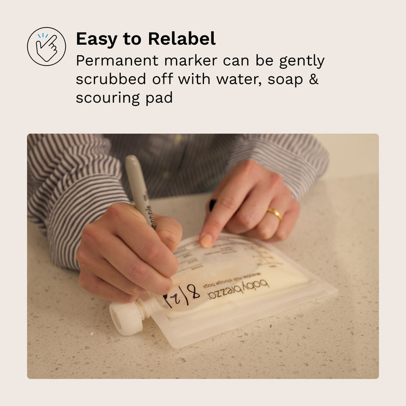 Writing on storage bag, Relabeling milk storage bag, Hand labeling storage pouch