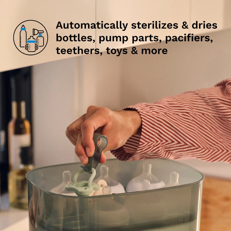 Person using a sterilizer for baby bottles and accessories with text about its features. Automatically sterilizes and dries bottles, pump parts, pacifiers, teethers, toys and more
