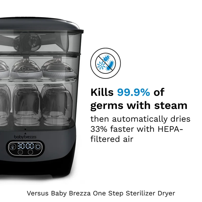 Baby Brezza sterilizer dryer with text highlighting germ-killing and drying features on a white background