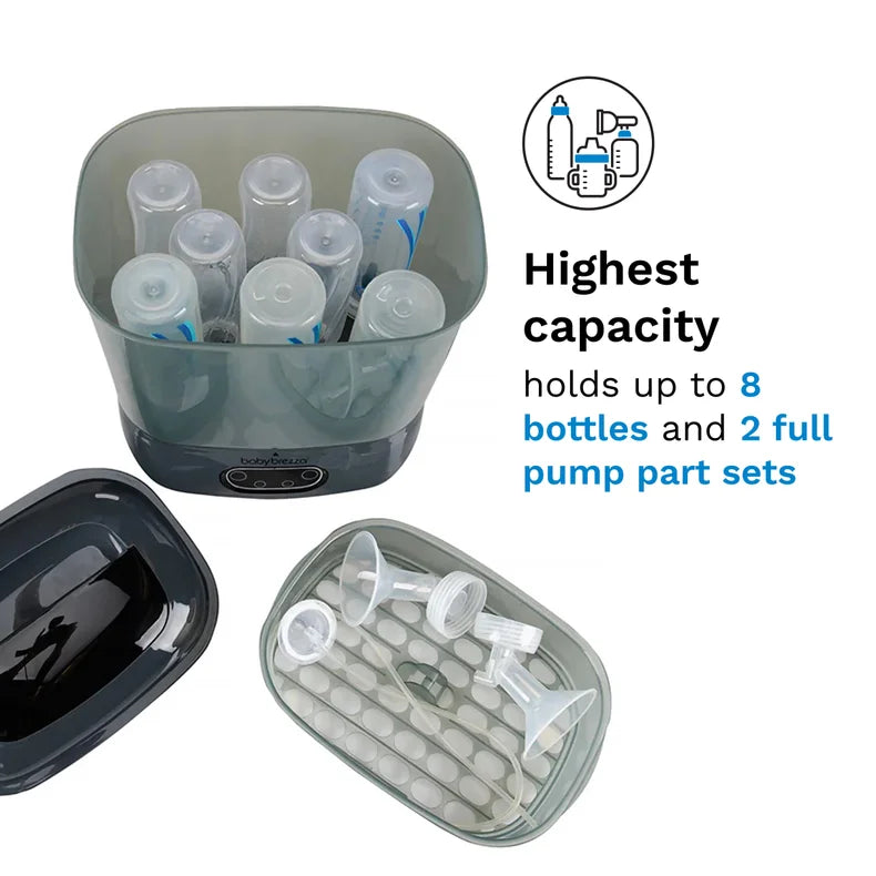 baby brezza sterilizer dryer advanced. highest capacity. holds up to 8 bottles and 2 full pump parts