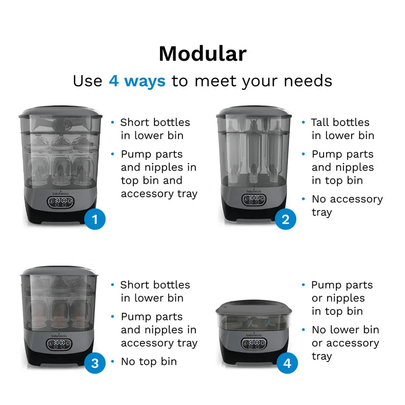 Modular product setup diagram with four configurations. baby brezza formula pro advanced