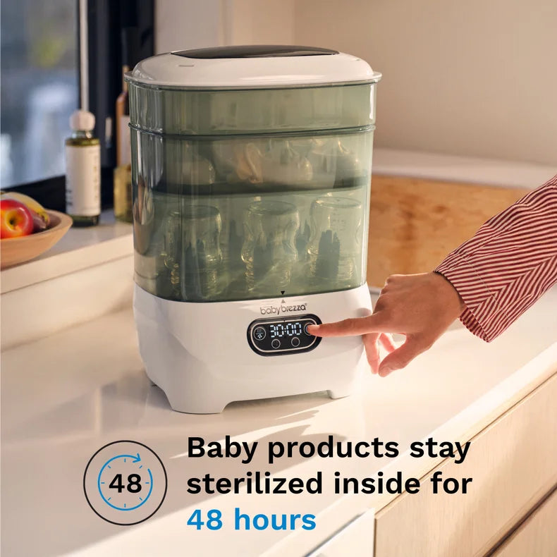 Baby products stay sterilized inside for 48 hours. Baby Brezza sterilizer dryer advanced